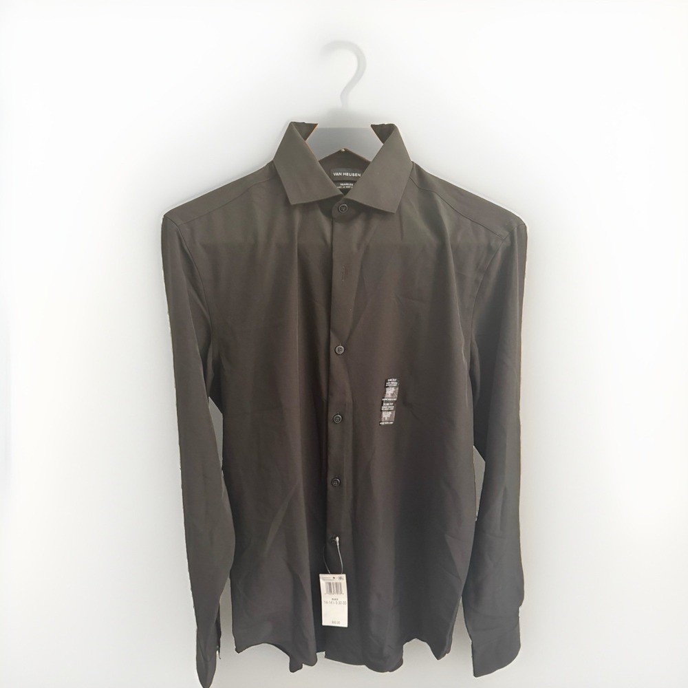 Van Heusen Mens Dress Shirt Slim Fit Black Button Up Stretch S 32-33